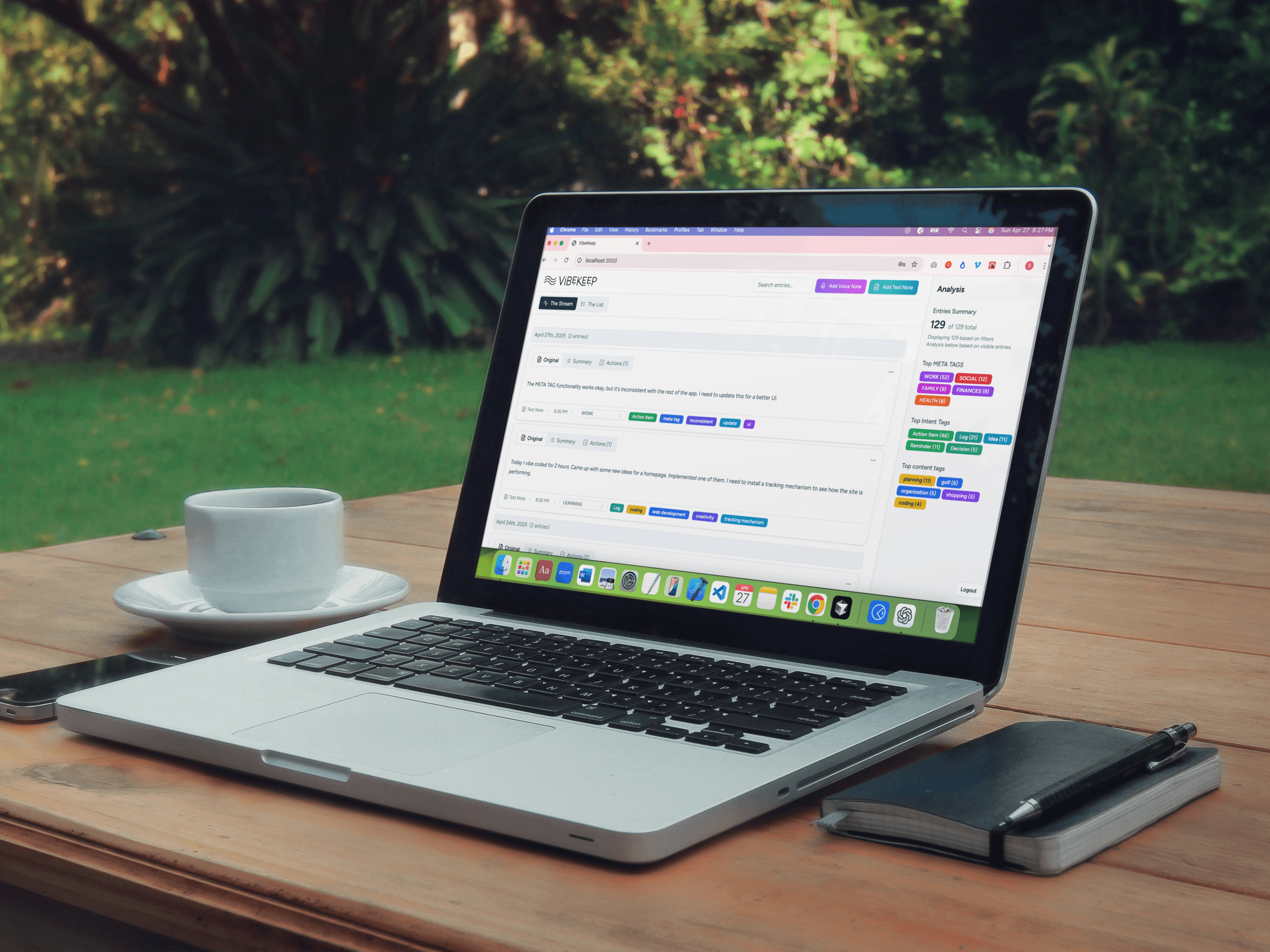 VibeKeep app running on a Macbook browser